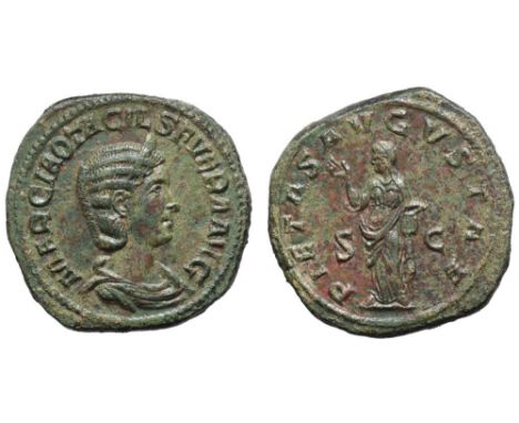 Otacilia Severa Æ Sestertius. Rome, AD 244-249. MARCIA OTACIL SEVERA AVG, diademed and draped bust right / PIETAS AVGVSTAE, P