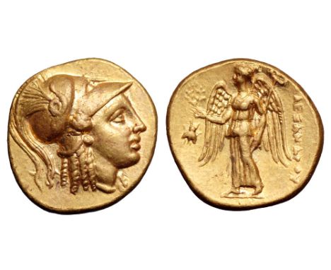 Kingdom of Macedon, Alexander III 'the Great' AV Stater. Pella, circa 325-315 BC. Head of Athena right, wearing crested Corin