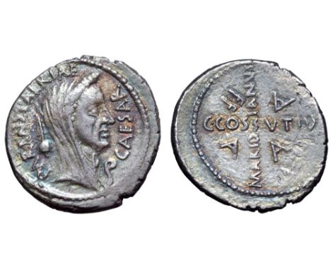 Julius Caesar AR Denarius. Rome, April 44 BC. C. Cossutius Maridianus, moneyer. CAESAR PARENS•PATRIAE, laureate and veiled he