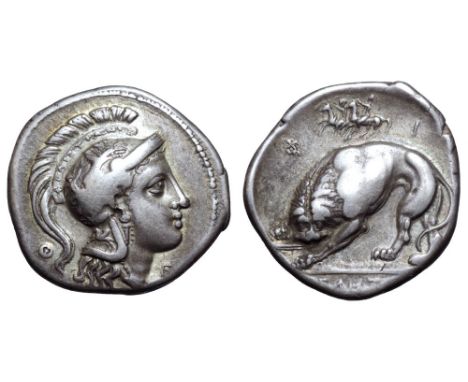 Lucania, Velia AR Stater. Period VII, signed by Philistion. Circa 305-290 BC. Head of Athena right, wearing Attic helmet deco