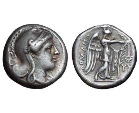 Anonymous AR Didrachm. Rome, circa 265-242 BC. Head of Roma right, wearing Phrygian helmet, cornucopiae behind / ROMANO, Vict