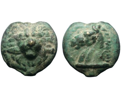 Latium, Praeneste (?) Æ As. Circa 275-225 BC. Lion’s head facing, spear between jaws / Horse’s head left. HN Italy 249; ICC 2