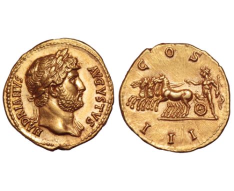 Hadrian AV Aureus. Rome, AD 125-128. HADRIANVS AVGVSTVS, laureate head right, with drapery on left shoulder / COS III, Sol in