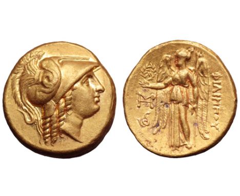 Kingdom of Macedon, Philip III AV Stater. Abydos, circa 323-317 BC. Head of Athena right, wearing crested Corinthian helmet d