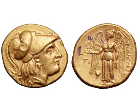 Kingdom of Macedon, Philip III AV Stater. Sardes, 323-317 BC. Head of Athena right, wearing crested Corinthian helmet decorat