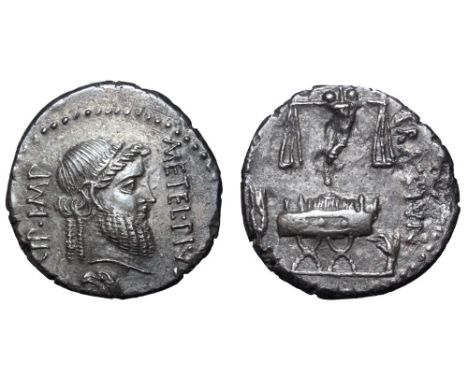 Q. Caecilius Metellus Pius Scipio and P. Licinius Crassus Junianus AR Denarius. Utica, 47- Spring 46 BC. Head of Jupiter righ