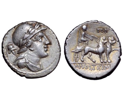 M. Volteius M. f. AR Denarius. Rome, 75 BC. Laureate, helmeted, and draped bust of Attis right; helmet behind / Cybele drivin