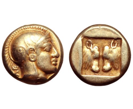 Lesbos, Mytilene EL Hekte. Circa 478-455 BC. Head of Athena right, wearing earring, necklace, and crested Attic helmet decora