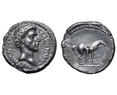 Quintus Labienus AR Denarius. Uncertain mint in Syria or south-eastern Asia Minor, early 40 BC. Bare head right; Q•LABIENVS•P