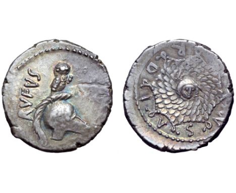 Mn. Cordius Rufus AR Denarius. Rome, 46 BC. Corinthian helmet with crest on which an owl stands; RVFVS to left / The aegis of