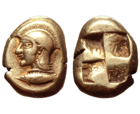 Mysia, Kyzikos EL Hekte. Circa 550-500 BC. Head of Athena left, wearing crested helmet, tunny fish below / Quadripartite incu