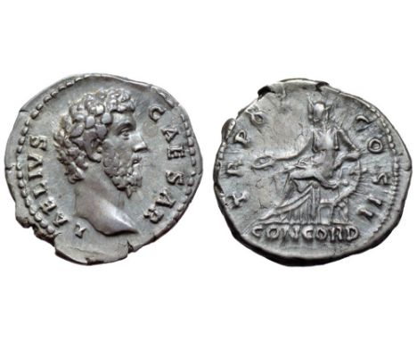 Aelius, as Caesar, AR Denarius. Rome, AD 137. L AELIVS CAESAR, bare head right / TR POT COS II, Concordia seated left, holdin