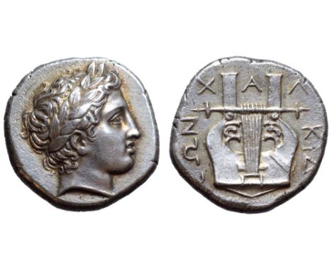 Macedon, Chalkidian League AR Tetradrachm. Olynthos, circa 364-348 BC. Laureate head of Apollo right / XAΛKIΔEΩN around kitha