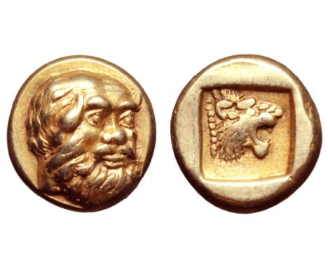 Lesbos, Mytilene EL Hekte. Circa 478-455 BC. Bearded head of Silenos facing slightly right / Incuse head of roaring lion left