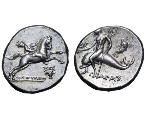 Calabria, Tarentum AR Nomos. Circa 240-228 BC. Youth on horse leaping right, ΖΩΠΥΡΙΩΝ below; below forelegs, ΣΩ above bukrani