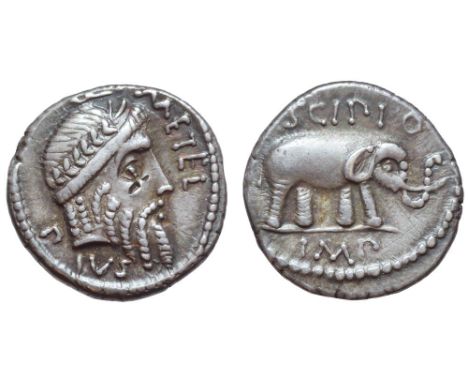 Q. Metellus Pius Scipio AR Denarius. African mint, 47-46 BC. Laureate head of Jupiter right, in archaic style with beard and 