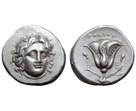 Rhodos, Rhodes AR Didrachm. Circa 305-275 BC. Head of Helios facing slightly right / POΔION, rose with buds to either side; A