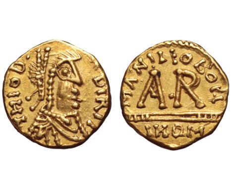 Merovingians, King Theodebert II of Austrasia AV Tremissis. Arvernus (Clermont-Ferrand), AD 595-612. THIOD. BIRTI, pearl-diad