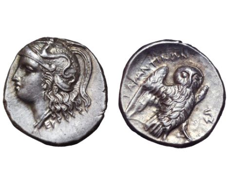 Calabria, Tarentum AR Drachm. Circa 281-272 BC. Head of Athena left, wearing crested helmet ornamented with Skylla; EY below 