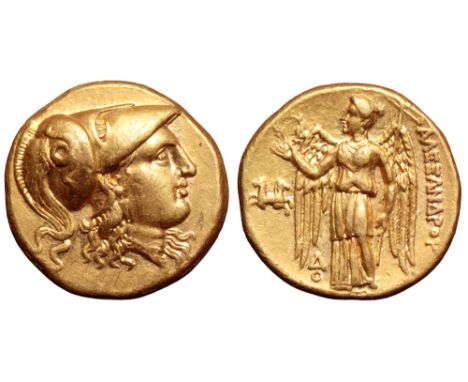 Kingdom of Macedon, Alexander III 'the Great' AV Stater. Lampsakos, circa 328-323 BC. Head of Athena right, wearing crested C