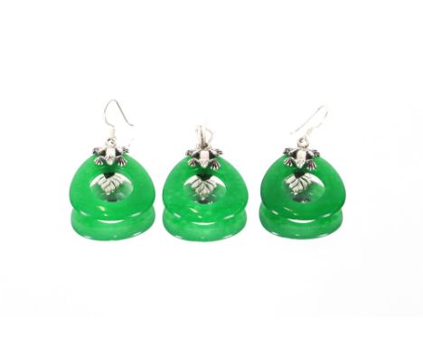 A white metal and jade ear-ring and pendant set