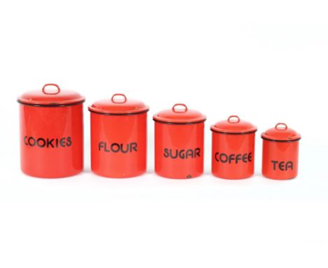 Five graduated enamel storage jars 