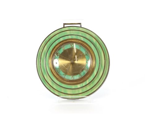 An Art Deco green enamel circular 8 day clock