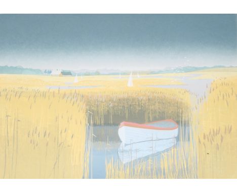 Jennifer Hannaford, pencil signed limited edition coloured etching, "Snape across the reeds" 2/50, 35cm x 51cm