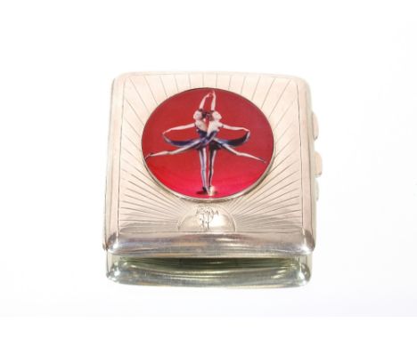A silver cigarette case, with enamel decoration of butterfly dancing girls, dated 1927