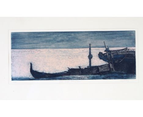 Verity Wookey, pencil signed limited edition etching, "Deben Wreck fading light" 7/30