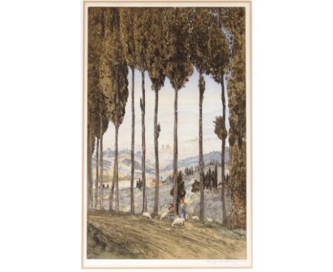 Wilfred Huggins, pencil signed coloured etching depicting figures minding sheep on a hillside, 44cm x 28cm