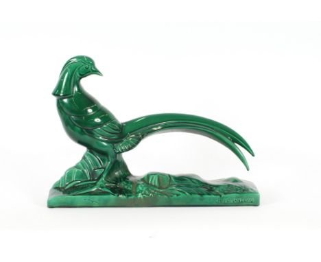 A 1930's green ceramic pheasant study, signed C.H.Lemanceau - base restored, 47cm