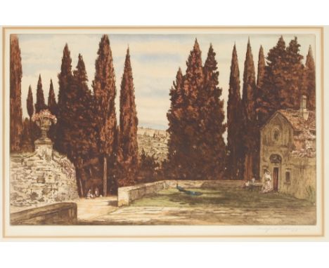 Wilfred Huggins, pencil signed etching, continental scene with figures embracing in exotic garden setting with peacock, 27cm 