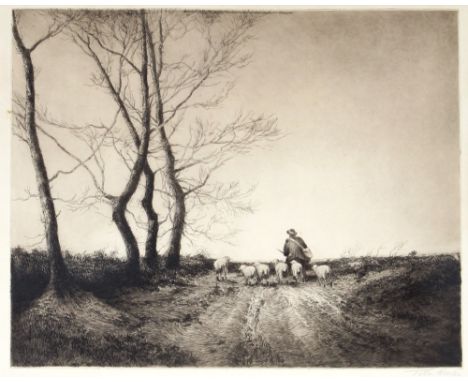 Tatton Winter, pencil signed etching depicting a shepherd herding sheep along a country path, 30cm x 37cm