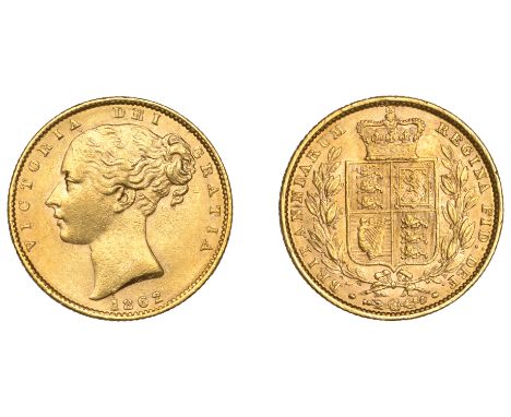 Victoria (1837-1901), Sovereign, 1862  victoria dei gratia  bare head left, hair bound up by two fillets; date below truncati