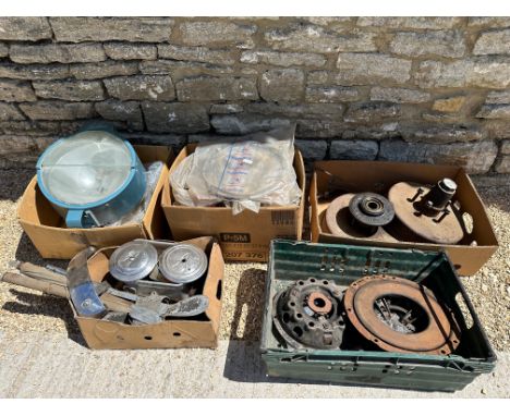 Five boxes of automobilia inc..a Bullfinch light, new old stock Quinton Hazell brake and throttle cables, a Wolseley hub, bra