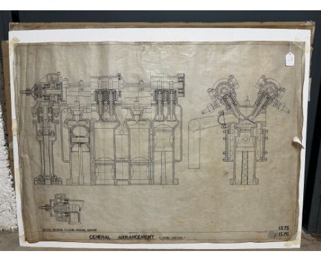 Three 1922-1924 original Aston-Martin drawings/blueprints: 1 1/2 litre Racing Engine Mk.III, 29 3/4 x 40 1/2"; Rear Axle, 39 