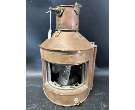 A copper ship's lamp with plaque to front: Bow Standard Patt. 24.