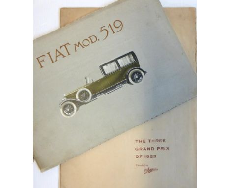 Fiat - The Three Grand Prix of 1922. A rare promotional folder issued by Fiat, also a c.1922 Fiat 519 cord-tied brochure prin