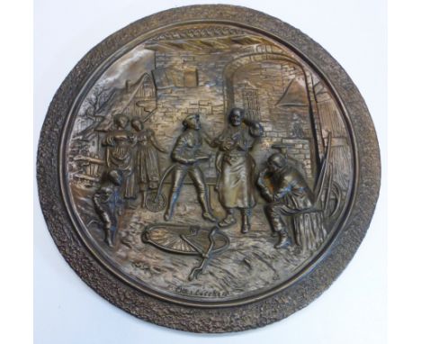 Chr. I. Luccher. Brass relief bronze plaque depicting an Ordinary rider with a broken bicycle at a blacksmith's forge, nicely