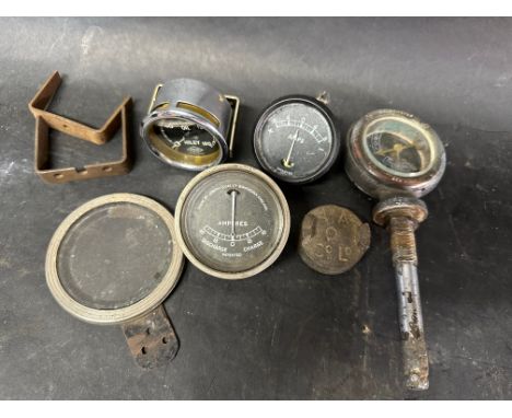 A selection of dashboard gauges inc. Riley Oil, two Lucas Amps, a calormeter, a petrol cap, tax disc holder etc. 