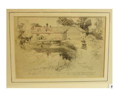 Frank (Pat) Patterson. 'Bere Mill near Whitchurch Hants', a pen and ink sketch dated 1923, framed and glazed in a mount, 7 x 