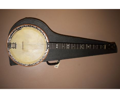 A Windsor Whirle Ambassador Supremus banjo, with inlaid mother-of-pearl fret board and walnut back, in original case.