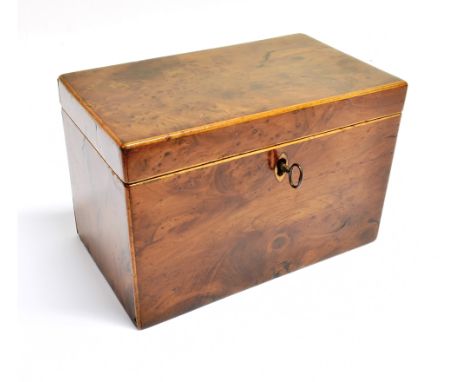 A VICTORIAN BURRWOOD TWIN COMPARTMENT TEA CADDY  with boxwood stringing, 19cm wide 11cm deep 12.5cm high Condition Report : g