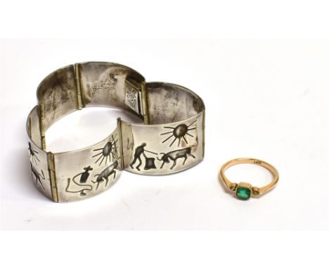 A STAMPED 15CT EMERALD PASTE DRESS RING  together with a stamped 925 panel bracelet, ring size M, weight 1.8g, the bracelet m