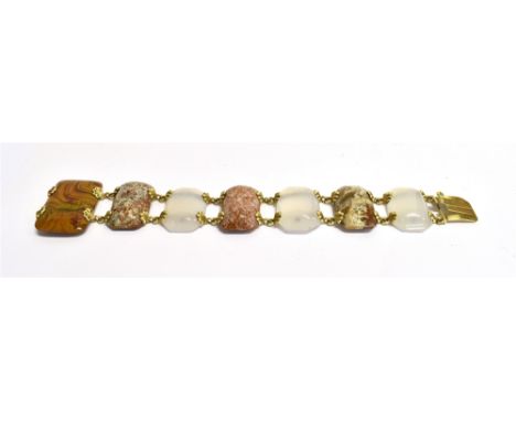 CIRCA 1900 AGATE PANEL BRACELET  The bracelet set with 7 Agate stones, 6 measuring at 2.6cm X 1.2cm with the 7th largest at 3