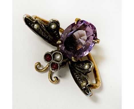 AMETHYST, RUBY &amp; SEA PEARL 9CT BEE BROOCH A/F