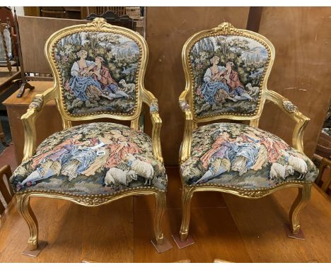 PAIR GILT WOOD TAPESTRY ARMCHAIRS