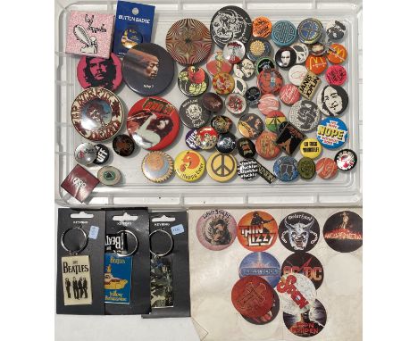 ROCK BADGES/KEYRINGS. Over 50 items to include: Led Zeppelin, Jimi Hendrix, Janis Joplin, Bad Co, Grateful Dead, Motorhead, D