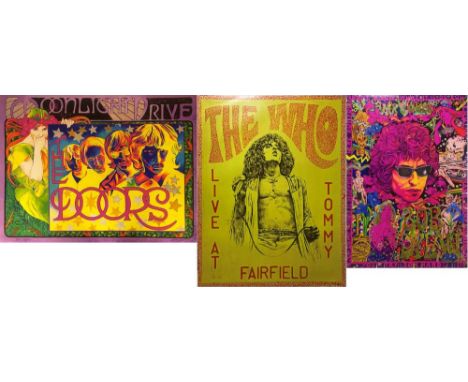 DYLAN/THE WHO/HENDRIX/DOORS POSTERS. Four poster prints, each hand signed by designer John Judkins, to include depictions of 